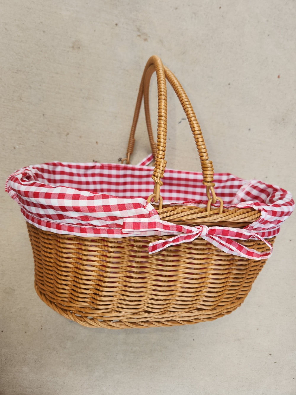 Wicker Picnic Basket with Red Gingham Liner- No Lid